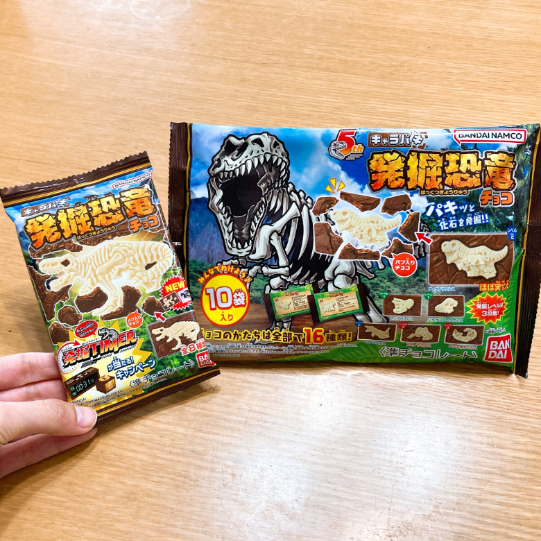 【大袋】キャラパキ発掘恐竜チョコと通常品パッケージ