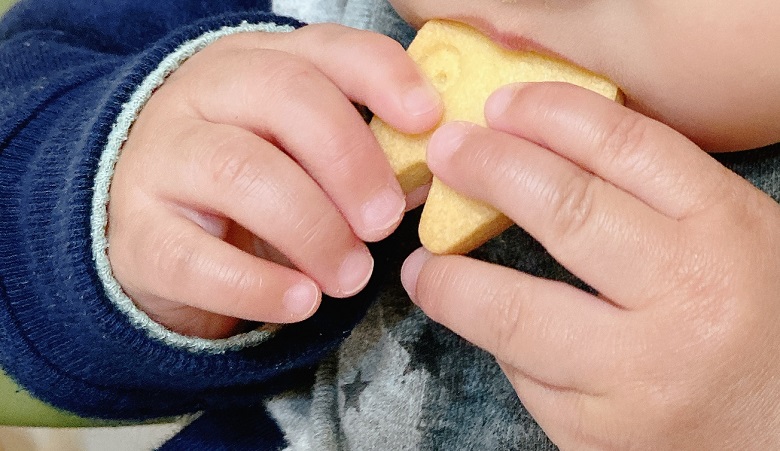 トトロクッキーを食べる1歳